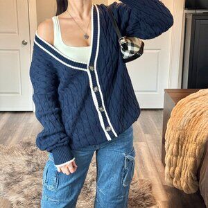 Y2K Varsity Cable Knit V-Neck Cardigan Sweater Navy Classic Academia Preppy Sz L